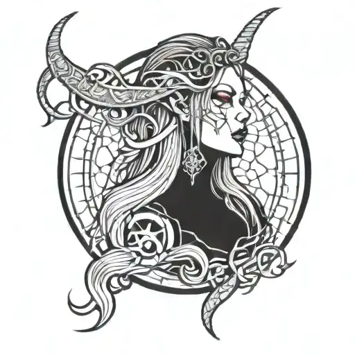 A gothic tattoo design featuring a mysterious woman with long, flowing hair, sharp demonic horns, and piercing red eyes. tattoo design idea