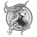 A gothic tattoo design featuring a mysterious woman with long, flowing hair, sharp demonic horns, and piercing red eyes. tattoo design idea