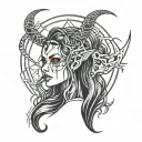 A gothic tattoo design featuring a mysterious woman with long, flowing hair, sharp demonic horns, and piercing red eyes. tattoo design idea