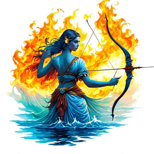 sagittarius Women, body flayong, with bow and arrow, dressed, fire, water, color tattoo tattoo design idea