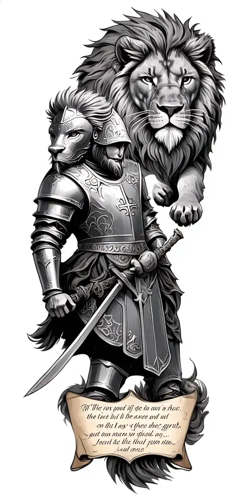 knight templar with a lion and a warrior bible verse written tattoo design idea