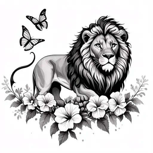 lion surrounded by hibiscus flowers,vines,butterflies tattoo design idea