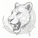 A sketch style tattoo of a fierce lioness with a dagger clenched between her teeth tattoo design idea