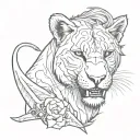 A sketch style tattoo of a fierce lioness with a dagger clenched between her teeth tattoo design idea