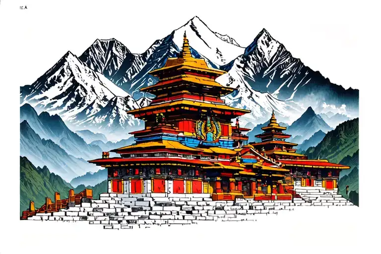 Mount everest nepali temple and nepali culture weaving elements like tattoo design idea