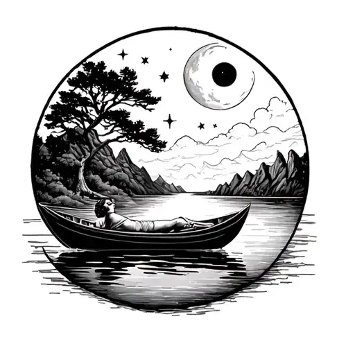 man lying face up on a boat floating down a curved river with moon, stars, tree and mountains around symbolizing life tattoo design idea