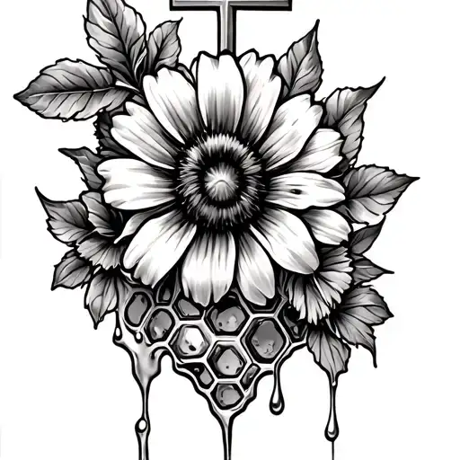 Honey comb dripping honey, Bumblebee, jesus cross, flower tattoo design idea