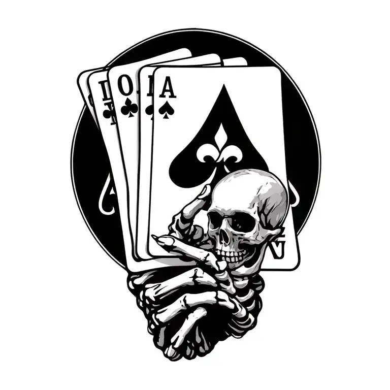playing cards that spell out DEATH , the A is an ace of spades with a skull and the cards are held by a skeleton hand  tattoo design idea