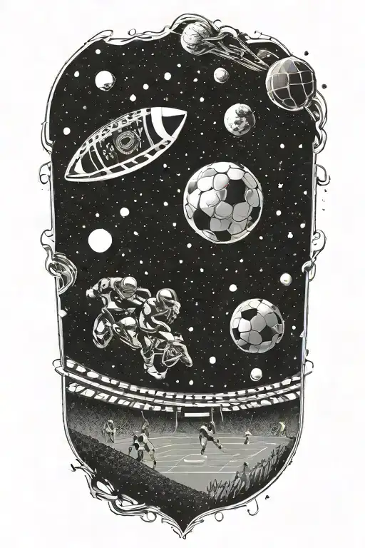 A football field with planets as the players and a galaxy as the stadium backdrop tattoo design idea