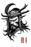 Traditional Japanese Namakubi tattoo design, featuring a severed samurai head with intense, stoic expression, flowing ha tattoo design idea