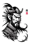 Traditional Japanese Namakubi tattoo design, featuring a severed samurai head with intense, stoic expression, flowing ha tattoo design idea