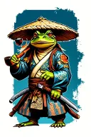 samurai toad wearing straw hat smoking pipe and is in a fighting stance reaching to take sword on side of hip  tattoo design idea