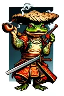 samurai toad wearing straw hat smoking pipe and is in a fighting stance reaching to take sword on side of hip  tattoo design idea