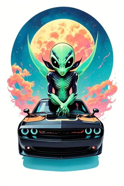 an alien sitting inside of a black dodge challenger car tattoo design idea