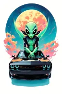 an alien sitting inside of a black dodge challenger car tattoo design idea