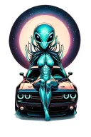 an alien sitting inside of a black dodge challenger car tattoo design idea
