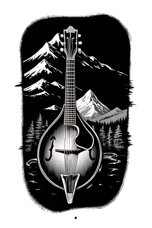 Mandolin mixed in with an outdoor mountain scene tattoo design idea