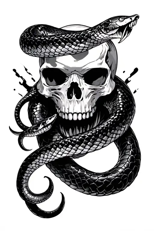 snake and skull, cyberpunk, military, tech tattoo design idea