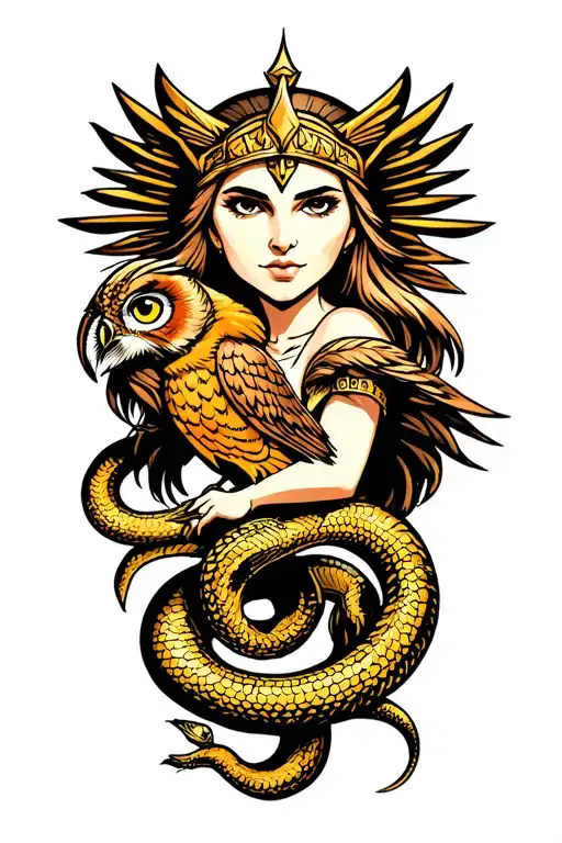 goddess athena with owl and snake tattoo design idea