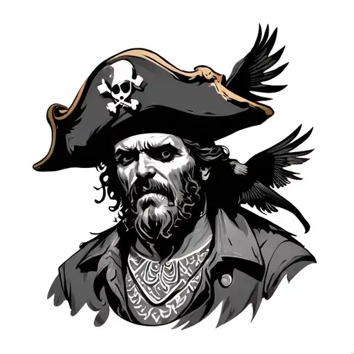 pirate guy with pirate hat with bird tatooed oh his neck scary looking guy a monster sailing tattoo design idea