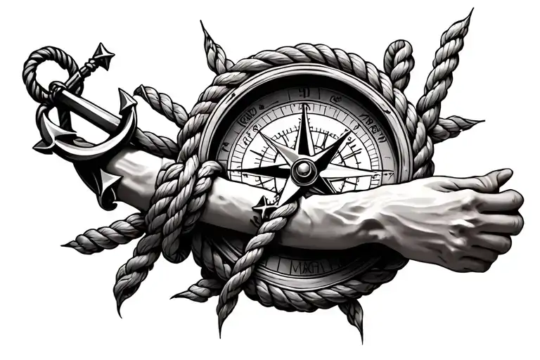 compass with anchor and rope wrapped around arm tattoo design idea