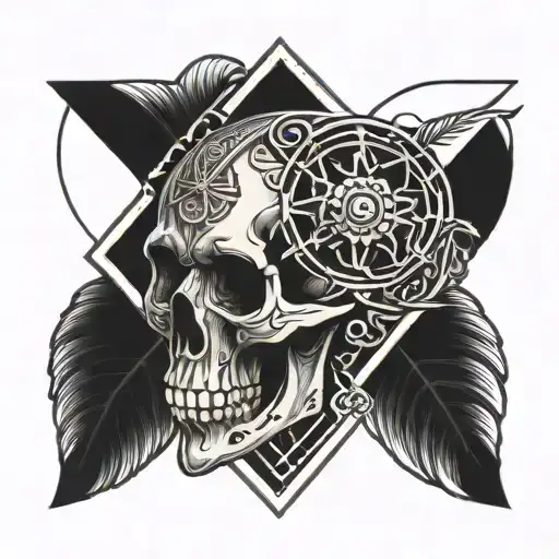small skull inside heart Victorian style geo patern tattoo design idea