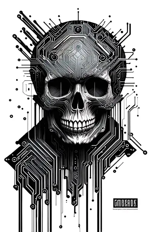 Cyberpunk, circuit board patterns, skull, tattoo design idea