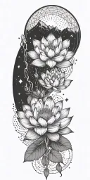 central lotus flower, celestial elements like stars and planets, sacred geometry, and serene landscapes such as mountain tattoo design idea