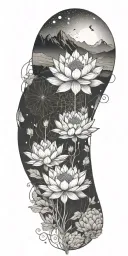 central lotus flower, celestial elements like stars and planets, sacred geometry, and serene landscapes such as mountain tattoo design idea