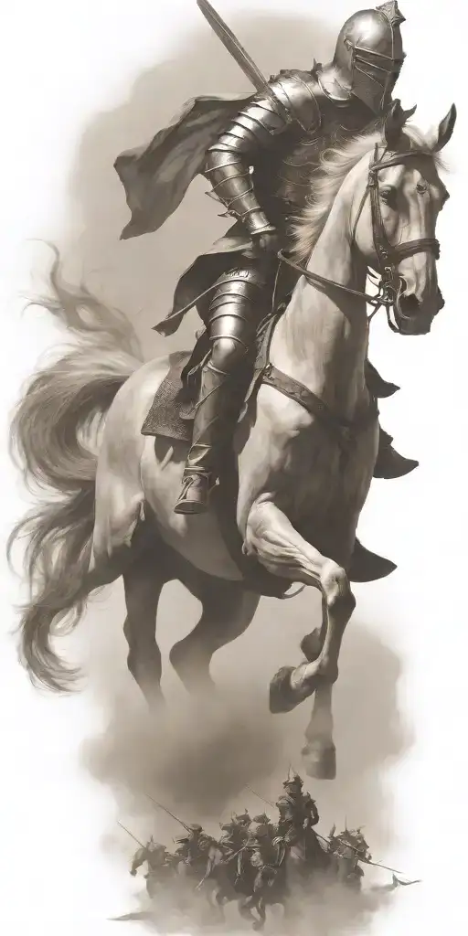 knight riding a horse with demons chasing them behind tattoo design idea