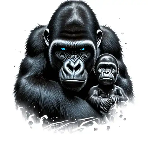 A gorilla mother who will protect her child with blue eyes tattoo design idea