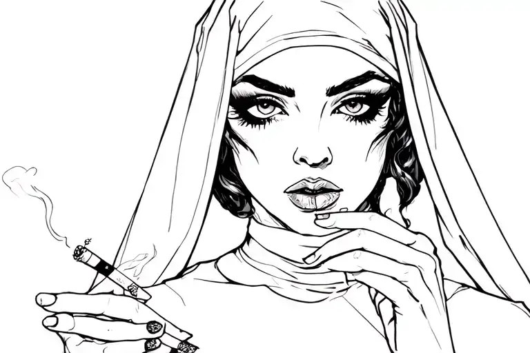 Sexy nun smokes lascivious cigarette tattoo design idea