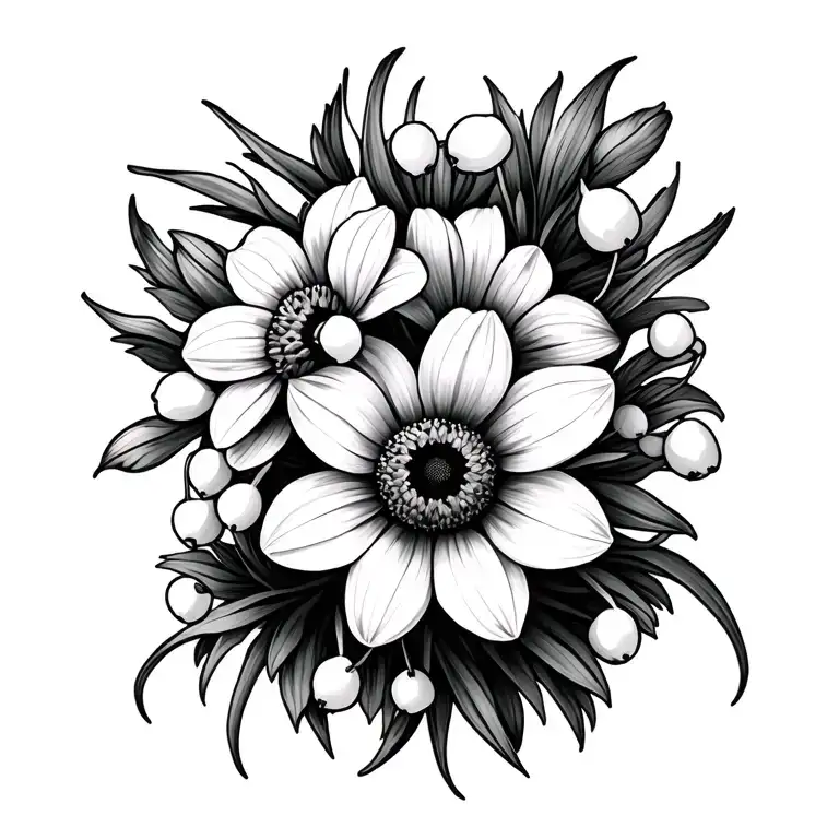 daffodils daisy's marigold lily of the valley flower tattoo design idea
