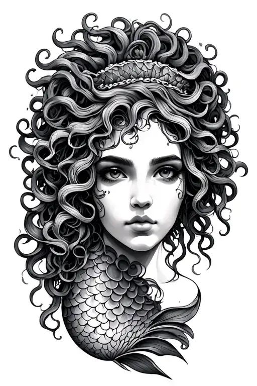 Mermaid tail in Medusa head tattoo design idea