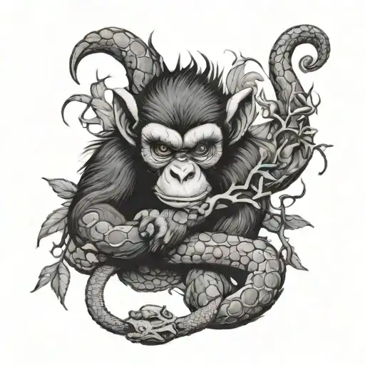 a monkey holding a branch, a snake wrapped around a branch, and a dragon above the monkey and snake tattoo design idea