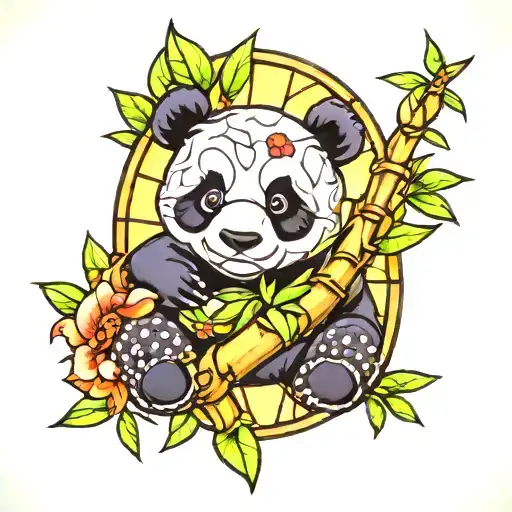 stained glass cute  panda bamboo background tattoo design idea