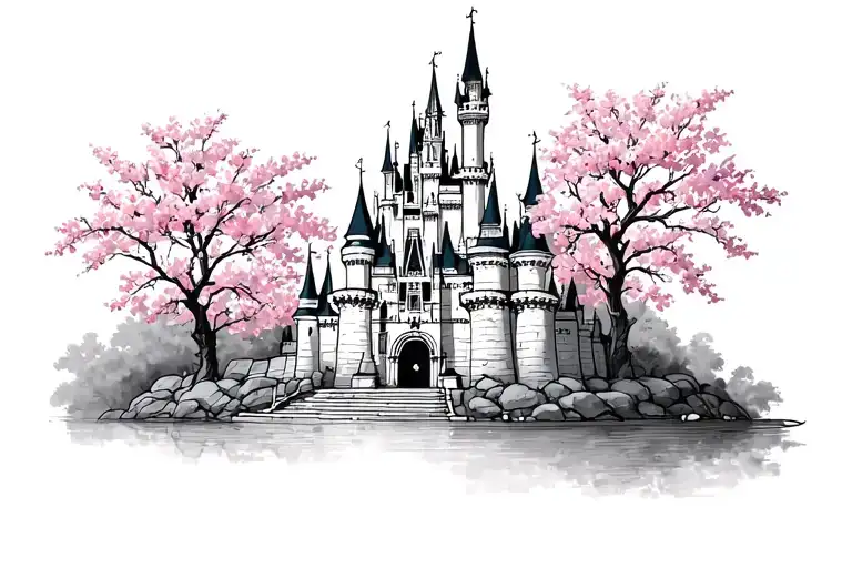 Disney Castle outline with Cherry Blossom tattoo design idea