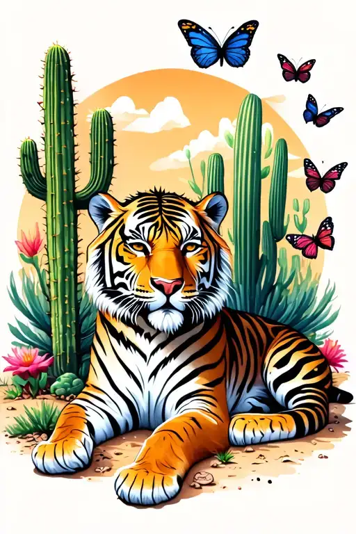 tiger lying in the desert with pretty cactus, plants and 5 butterflies flying around it  tattoo design idea