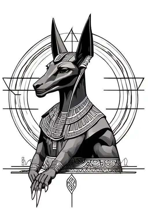 dark Anubis Egyptian god surrounded by geometric shapes and circles tattoo design idea