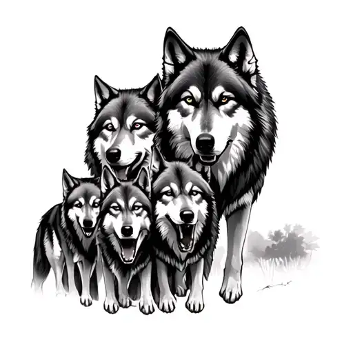wolfs, family of 5, protective, aggressive look,  black and white tattoo design idea