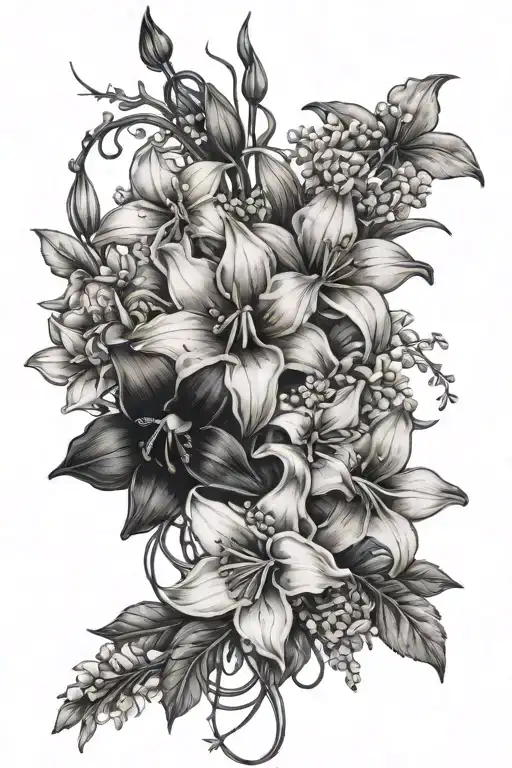 mixed bouquet of violets, daffodils, poppy flower, aster flower, and lily of the valley with barbed wire in it tattoo design idea