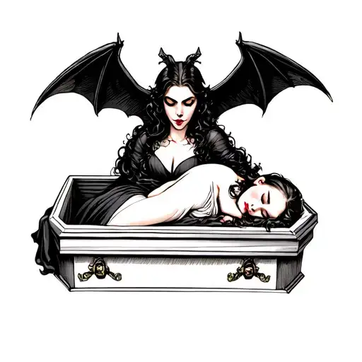 female vampire sleeping in a coffin with a winged bat decorating the top of the coffin  tattoo design idea