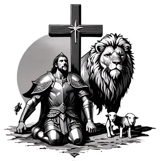 i want a crusader knight kneeling at the cross of jealous with a mighty lion next to the cross and a small lamb tattoo design idea