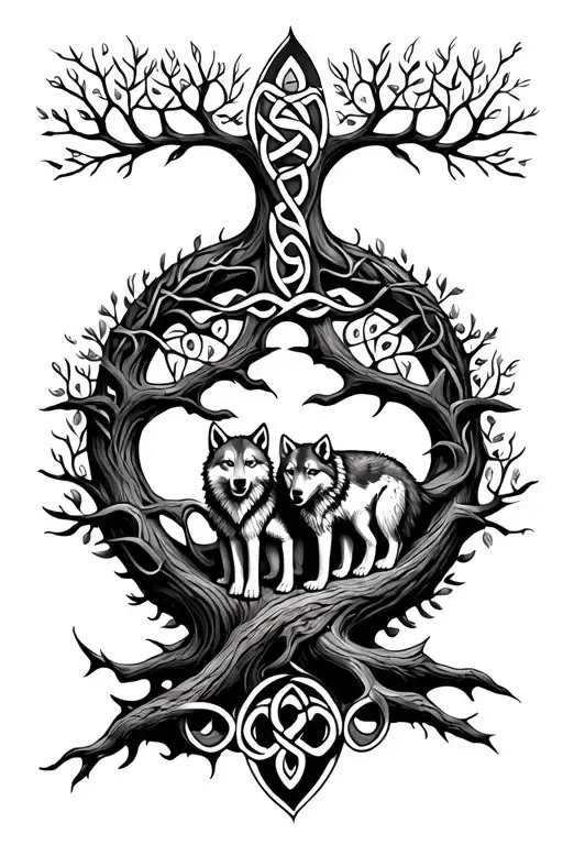 Celtic tree of life with father wolf and baby cub tattoo design idea