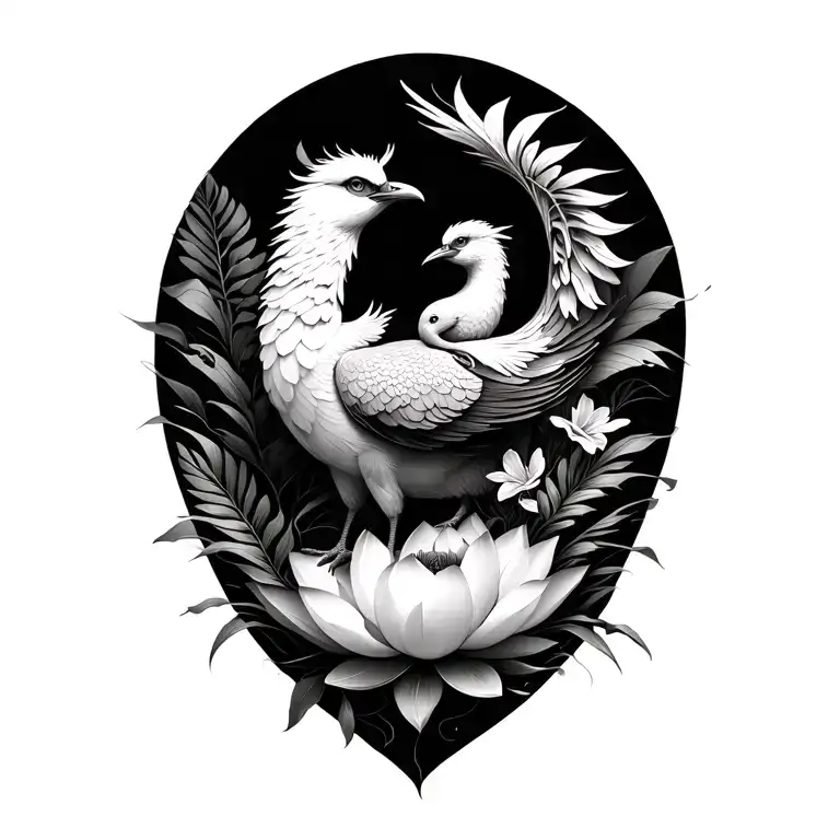 A minimalistic mama and baby phoenix resting on a lotus surrounded by tropical leaves and flowers  tattoo design idea