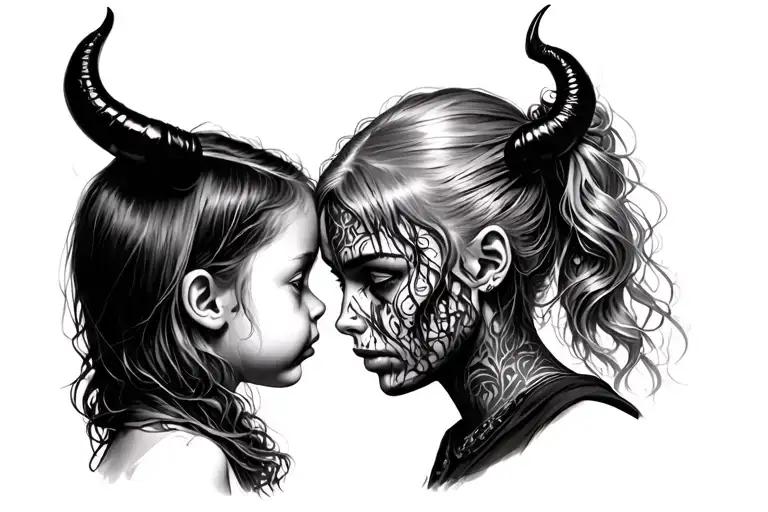 Black & gray, devil facing little girl consoling her while she's crying only head/necks facing each other tattoo design idea