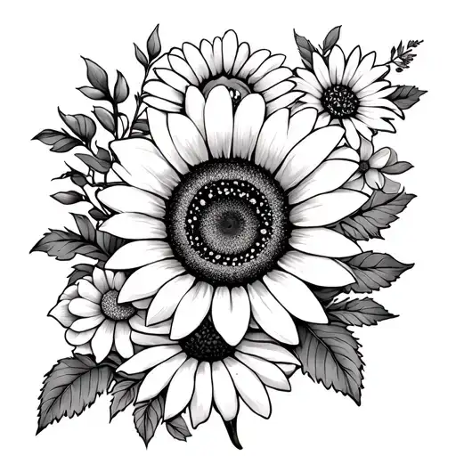  tattoo design with a sunflower, black-eyed Susan, a daisy, Foxglove, a rose, chrysanthemum, peony, and woodland s tattoo design idea