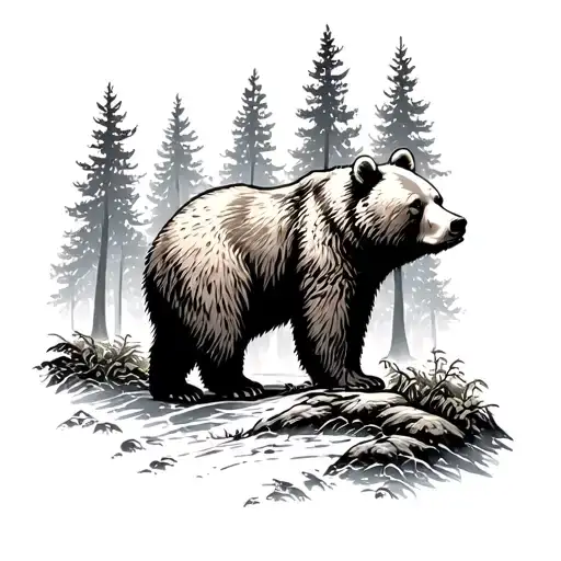 bear in a forest scene tattoo design idea