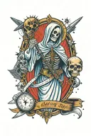 VIRGIN MARY AS SKELETON WEARING BELT OF BULLETS WITH FALLING STARS, MISSILES, POCKET WATCH, RAZOR BLADE tattoo design idea