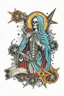 VIRGIN MARY AS SKELETON WEARING BELT OF BULLETS WITH FALLING STARS, MISSILES, POCKET WATCH, RAZOR BLADE tattoo design idea